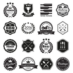 Fototapeta premium Labels and badges set. Vintage design elements and retro style banners, shields, emblems. Vector illustration.