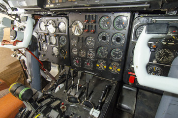 Cabin aircraft. Steering wheel pilot. Dashboard aircraft.