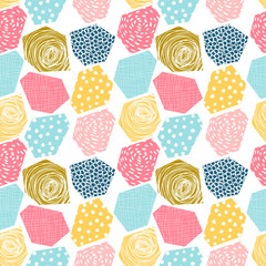 Abstract summer vector seamless pattern with textured polygons on white background with dots, lines and scribbles for clothing and packaging design