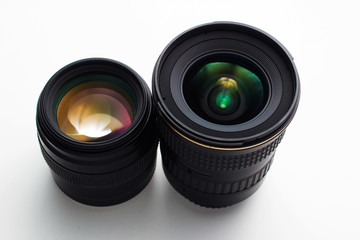 close-up view  of a camera lenses on a white background