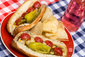 Close Up Chicago Style Hot Dogs With Soda Pop