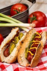 Delicious Hot Dogs On Red Checkered Napkin