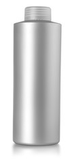 silver bottle with shampoo on white