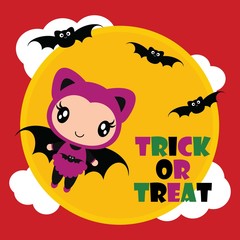 Cute bat girl flies with bats on moon background vector cartoon illustration for halloween card design, wallpaper and kid t-shirt design