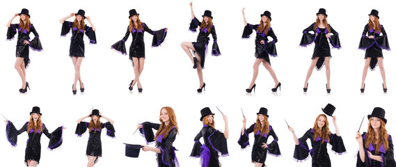 Pretty girl in purple carnival clothing and hat isolated on whit