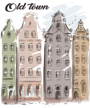 Cute hand drawn old town. Beautiful old buildings. City architecture. Sketch. Vector illustration.