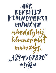 Handwritten script font. Brush font. Uppercase, numbers, punctuation 