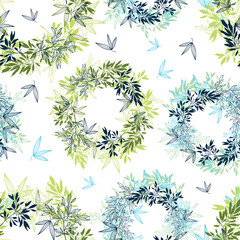 Vector tropical leaves circles summer seamless pattern with tropical green, blue plants and leaves on white background. Great for vacation themed fabric, wallpaper, packaging.