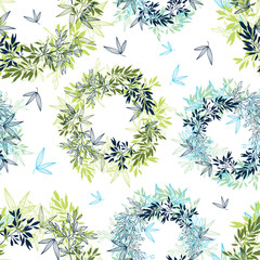 Fototapeta premium Vector tropical leaves circles summer seamless pattern with tropical green, blue plants and leaves on white background. Great for vacation themed fabric, wallpaper, packaging.