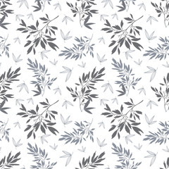 Naklejka na ściany i meble Vector dark grey white tropical leaves summer seamless pattern with tropical green, blue plants and leaves on white background. Great for vacation themed fabric, wallpaper, packaging.