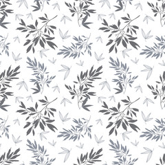 Fototapeta premium Vector dark grey white tropical leaves summer seamless pattern with tropical green, blue plants and leaves on white background. Great for vacation themed fabric, wallpaper, packaging.