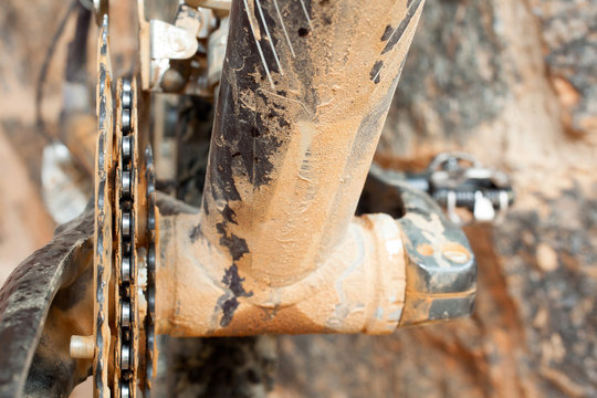 Mud Dirty Chainring and chain in a mountain bike
