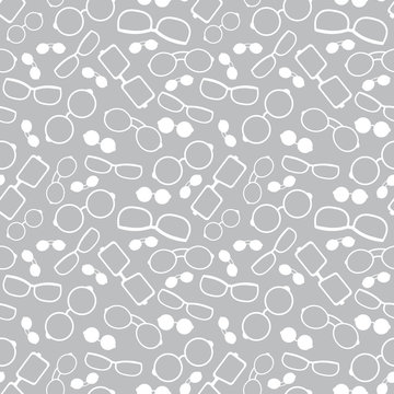 Vector Grey And White Glasses Accessories Seamless Pattern. Great For Eyewear Themed Fabric, Wallpaper, Packaging.