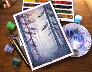Watercolor creative art drawing magic forest wood nature gouache paint pot brush paintbrush photo