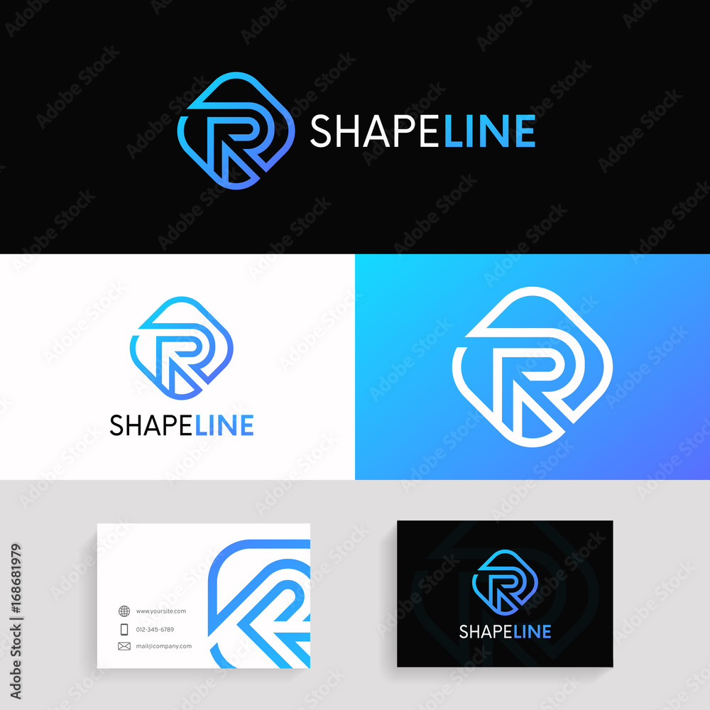 Poster abstract r logo linear rhombus sign with brand business card vector design.