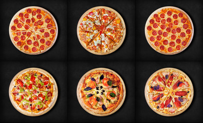 Zes verschillende pizza-sets voor menu. Pepperoni, BBQ kip, pepperoni gesneden, deluxe, pizza met ham, pizza met salami, ham en spek,