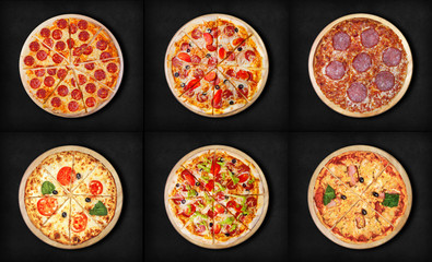 Fototapeta na wymiar Six different pizza set for menu. Meat pizzas with 1) Pepperoni 2)Pepperoni and ham 3) Salami 4) Margarita 5)Pizza pepperoni deluxe 6)Pizza Hawaii. 