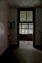 Fototapeta premium Typical Resort Room Overlooking Lush Forest - Abandoned Resort