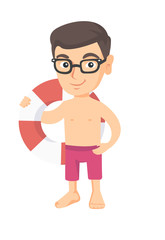 Little caucasian boy in shorts holding a red-white lifebuoy. Smiling boy standing with lifebuoy. Boy is going to swim with lifebuoy. Vector sketch cartoon illustration isolated on white background.