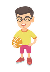 Caucasian cheerful schoolboy laughing and holding a basketball ball. Happy smiling little schoolboy in glasses with a basketball ball. Vector sketch cartoon illustration isolated on white background.