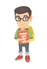 Caucasian schoolboy with backpack and textbook. Smiling happy schoolboy in glasses hugging a textbook. Vector sketch cartoon illustration isolated on white background.