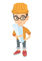 Little caucasian engineer boy wearing hard hat and holding paper plans in hands. Smiling engineer boy in helmet holding blueprints. Vector sketch cartoon illustration isolated on white background.