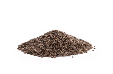 heap of organic chia seeds rich in omega-3 fatty acids, side view on white