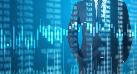 hand with stock financial chart symbols coming from hand