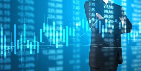 hand with stock financial chart symbols coming from hand