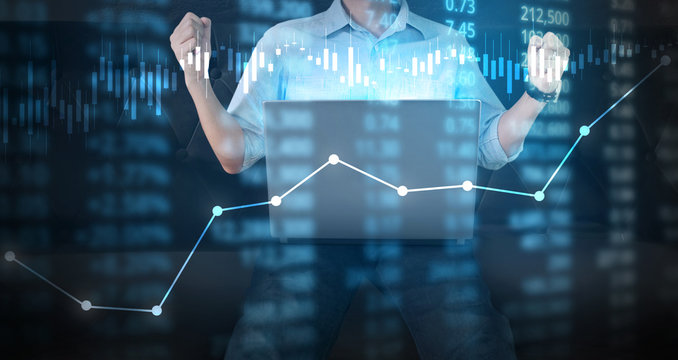 hand with stock financial chart symbols coming from hand