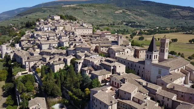 Spello, one of the most beautiful small town in Italy. Drone aerial view of the village