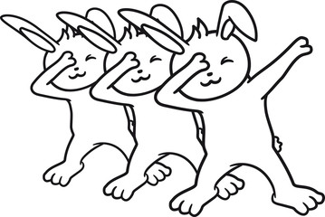 cool party 3 freunde team paar dub dab tanz dabbing move tanzen position hände arme hand kopf strecken zeigen figur bewegung position tanzfigur hase kaninchen lustig