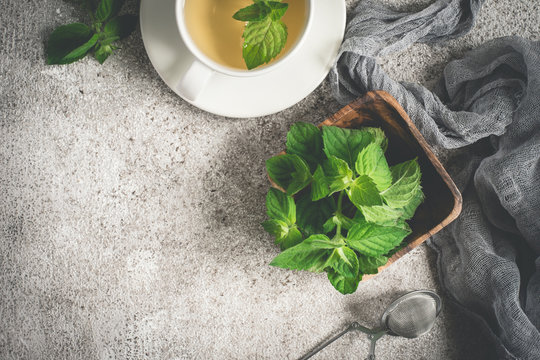 Fresh organic mint and tea on a gray background
