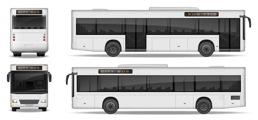 Foto op Canvas Realistic City Bus template isolated on white background. Passenger City Transport for advertising design. Passenger Bus mockup side, front and rear view. Vector illustration. © sergey985