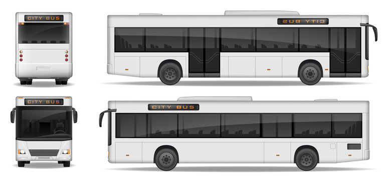 Realistic City Bus template isolated on white background. Passenger City Transport for advertising design. Passenger Bus mockup side, front and rear view. Vector illustration.
