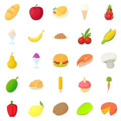 King of fruit icons set, cartoon style