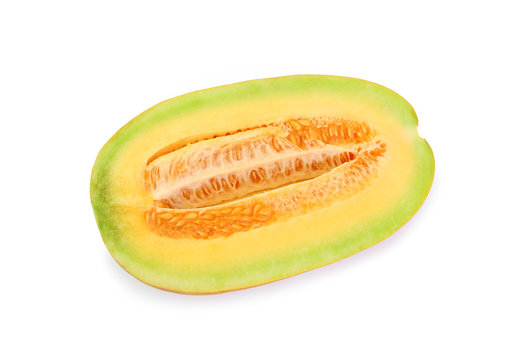 Cantaloupe melon cut in half looking healthy and delicious, isolated on.