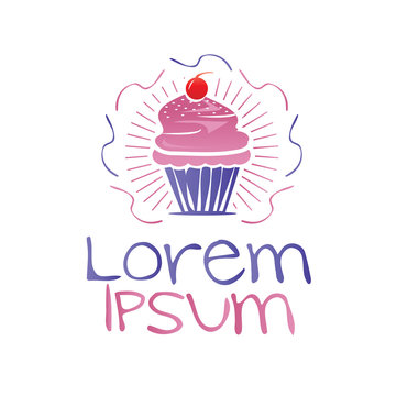 elegant cupcake logo with rays, illustration design, isolated on white background. 