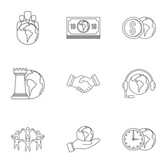 Global finance icon set, outline style