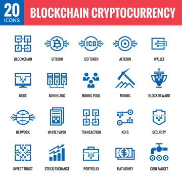Blockchain cryptocurrency - 20 vector icons. Modern computer network technology sign set. Digital graphic symbol collection. Bitcoin finance. Concept design elements. 