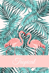 Tropical style card promo poster template. Bright pink flamingo birds couple standing beak to beak. Turquoise gree jungle tree leaves background. Vector design illustration. Text placeholder.
