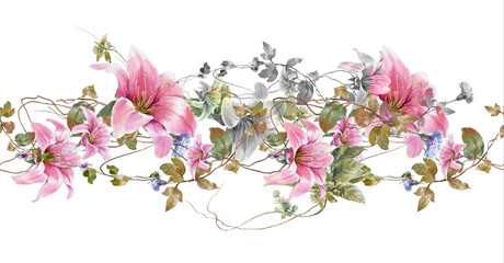 Fototapety  Akwarela malarstwo liści i kwiatów, wzór na białym tle
