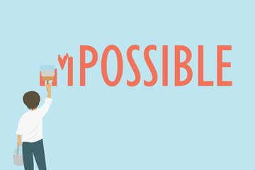 a man painting the word impossible to possible with blue paint, motivation cartoon vector