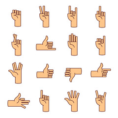 Hands, fingers line icons. Thumb up, like, dislike, and other hands elements. Palm thin linear signs for web.