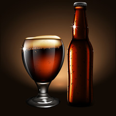 A bottle and glass of beer with droplets of moisture. Highly realistic illustration with the effect of transparency.