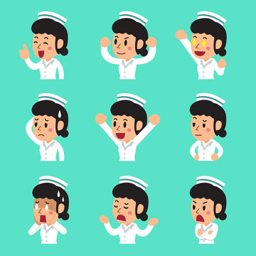 Cartoon female nurse faces showing different emotions