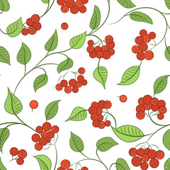Autumn seamless pattern texture on white background. Red guelder rose berries, bright green leaves. Kalyna Ukrainian symbol. Vector design illustration for fashion, fabric, textile, packaging.