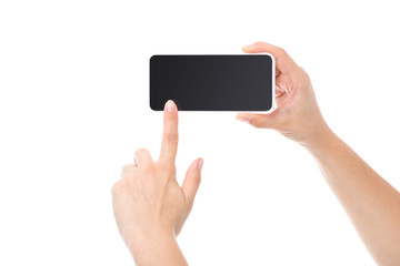 person pointing at smartphone screen