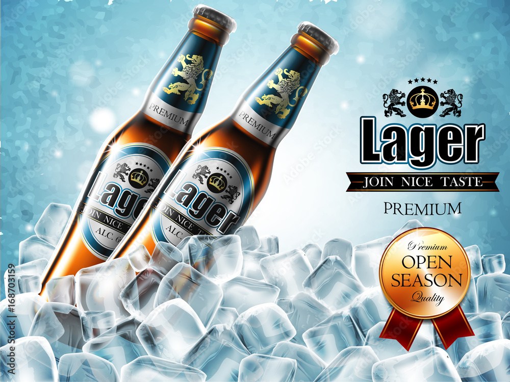 Wall mural design of advertising beer with two bottles in ice cubes.