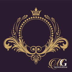 Golden vector monogram. Flourishes calligraphic elegant vintage elements. The past. Elegant emblem logo for restaurants, hotels, and bars. It can be used to design invitations, booklets and brochures